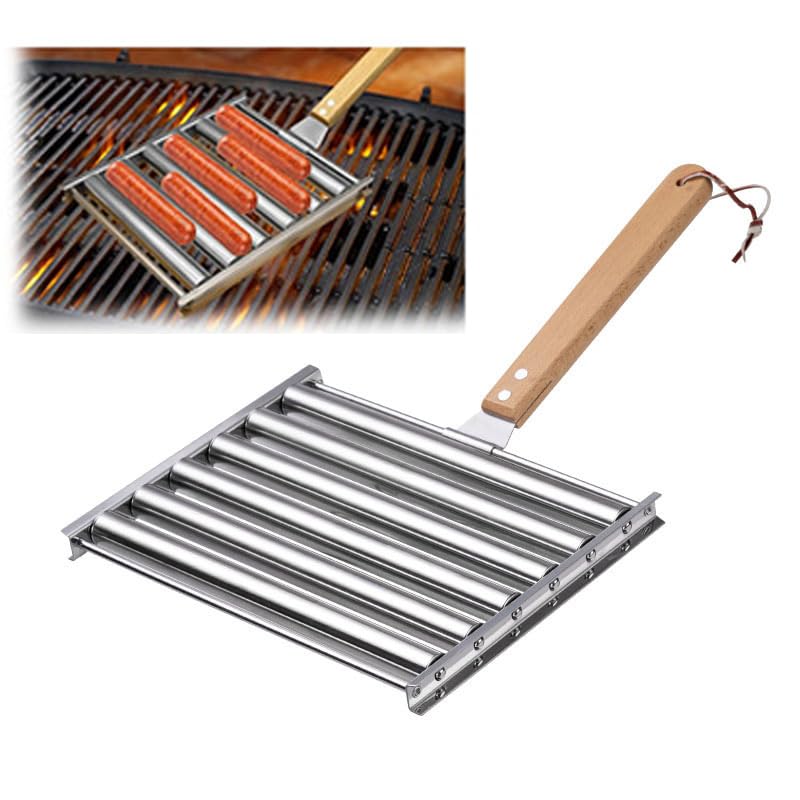 SLMRHLVE Stainless Steel Hot Dog Roller Grill Hot Dog Roller for Grill with Extended Wooden Handle BBQ Sausage Roller for Uniform Cooking Holds 5 Hot Dogs