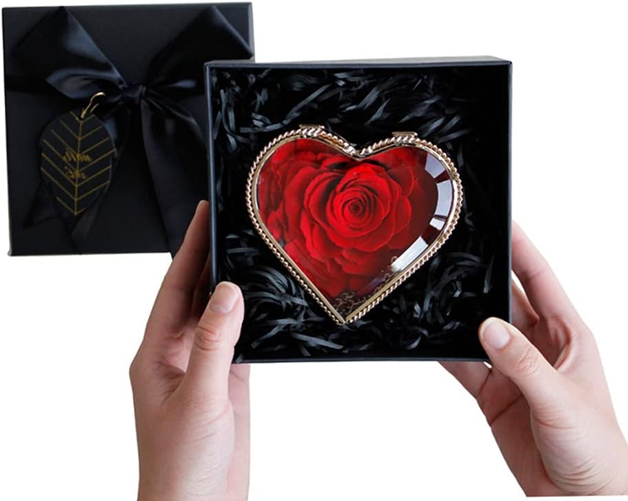 Artificial Eternal Fresh Handmade Immortal Flowers Preserved Rose Transparent Heart Gift Box for Valentine's Day Mother’s Day Christmas Anniversary Home Office Decoration (Red, 1)