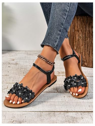 Verdusa Women'S Summer Sandals Flower Leather Flat Sandals With Ankle Strap Black 7.5 thumb #5