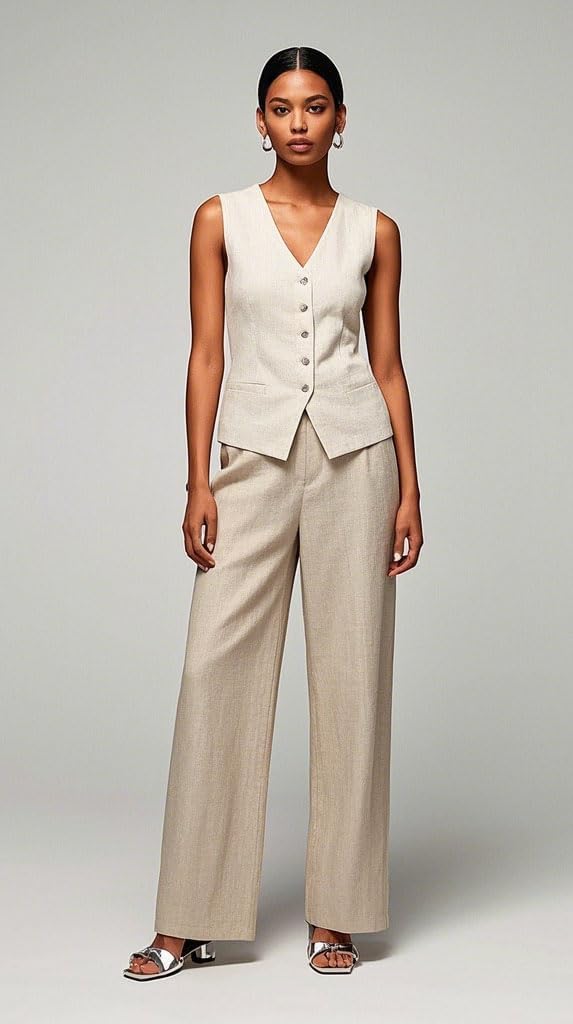 Linen Vest Pants Suits for Women Dressy 2 Piece Business Casual Outfits Wide Leg Work Office