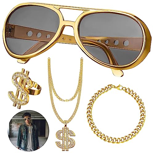 Giugio 4 Stück Zuhälter Kostüm, 80er 90er Jahre Outfit Herren Hip Hop Kostüm, Dollar Kette Dollarzeichen Ring Rockstar Brille Rapper Set, Für Karneval Fasching Mottoparty Accessoires