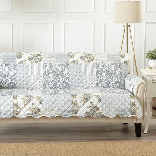 Image of Great Bay Home Reversible Patchwork Sofa Cover - Washable Slipcover Furniture Protector with Elastic Straps - Perfect for Kids & Pets - Box-Stitched Detail (Grey)