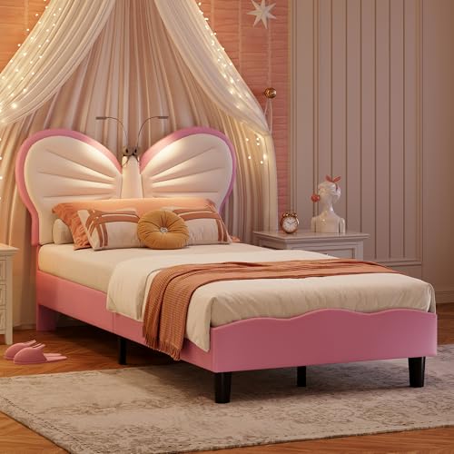 Lietre Polsterbett Mädchenbett 90x200, LED Einzelbett für Kinder, Schmetterlingsform kopfteil mit Leselampe, Verstellbares Kopfteil, Funktionsbett Bettgestell mit Lattenrost, Samt(Weiß-Rosa)