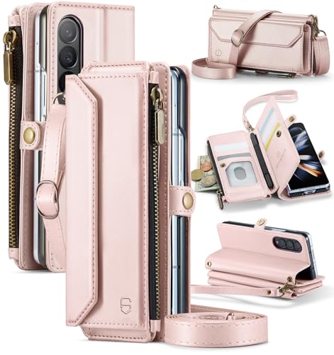 Strapurs Crossbody Wallet Case Compatible with Samsung Galaxy Z Fold 4 with RFID Blocking Card Holder & Pen Holder Slot Soft PU Leather Shoulder Strap Zipper Pocket Purse Fold 4 Phone Case Rose Gold