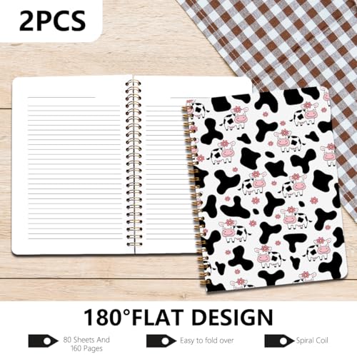 Image of 2 Pcs Cow Spiral Notebooks for Work, A5(8.3x5.8inch) Composition Notebook College Ruled Note Book, Pink Flowers Hardcover Notepads Diary Lined Travel Journal for Writing, Cute Cow Gifts for Women