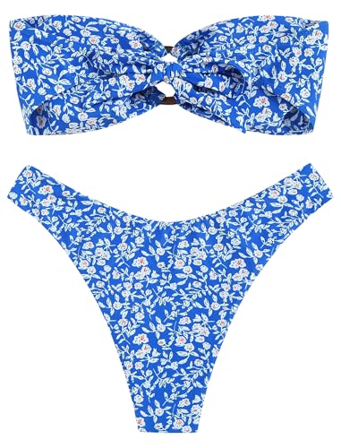 Image of ZAFUL Women's Bandeau Bikini O Ring Strapless Tie Back High Cut Two Piece Swimsuit Bathing Suits