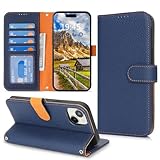 DEYHU 対応 iPhone 15 ケース 手帳型 カード収納 スタンド機能 アイフォン15 ケース 本革 大容量 耐衝撃 カード収納 iPhone15 ケース 手帳型 iphone 15 レザー カバー ブルー と オレンジ