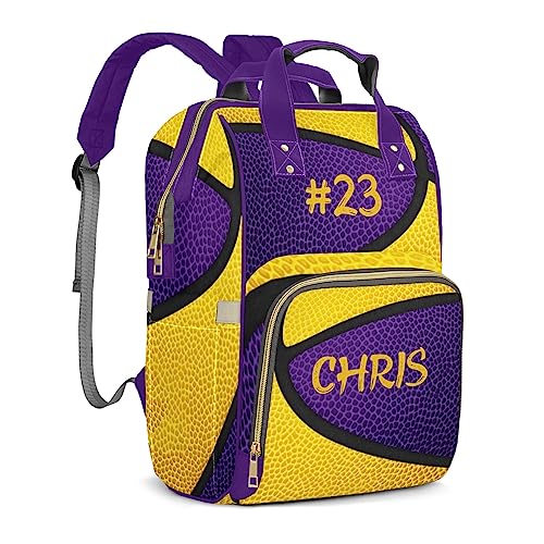 Personalized Purple Yellow Basketball Print Tote Bag Backpacks Custom with Text Mommy Bag Gift for Boy Girl2