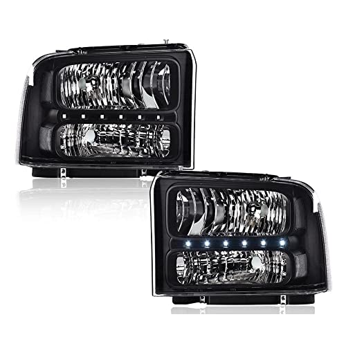 Image of GRAND ORANGE LED DRL Headlights Assembly, Compatible with 2005 2006 2007 Ford F250 F350 F450 F550 Super Duty bumper Headlamp, Amber Corner Headlight(Clear lens Black Housing Clear Reflector)