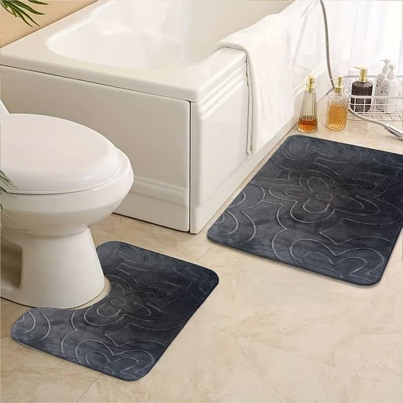 Trendy Realm Bath Mats Sets 2 Piece Washable Quick Drying Anti Slip Shower Mat - Modern Memory Foam Anti Mould Waterproof Bathroom Mat 50 x 40 + 80 cm, Charcoal