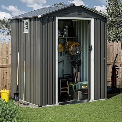 JYQAQA 6x4 FT Outdoor Storage Shed, Waterproof Metal Garden Sheds with Lockable Double Door, Weather Resistant Steel Tool Storage House Shed for Garden, Patio, Lawn, Gray