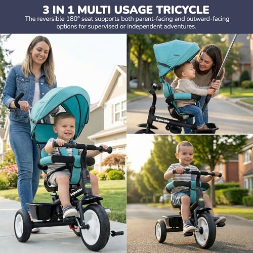 Image of Baybee Mario 3 in 1 Baby Tricycle for Kids with Parental Handle & 360 Rotatable Seat | Smart Balance Trikes with Canopy, Storage & Footrest | Baby Cycles for Kids 3 to 5 Years Boys Girls (Light Blue)