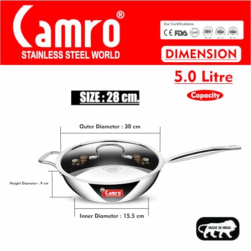 Image of Camro Triply Artisian Wok Pan with Lid 28 Cm, 5 Liters | Heavy-Duty Kadai for Noodles, Fried Rice Perfect Grip Traditional Chinese Cooking | Dishwasher Safe | 6 Years Warranty