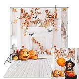 Avezano Halloween Photography Backdrop Fall Maple Leaves Autumn Pumpkin White Fireplace Bat Photosho