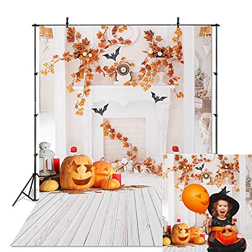 Avezano Halloween Photography Backdrop Fall Maple Leaves Autumn Pumpkin White Fireplace Bat Photoshoot Background Autumn Baby Child Portrait Photographic Backdrops For Photo Studio Photocall (5X7Ft) #TOP10