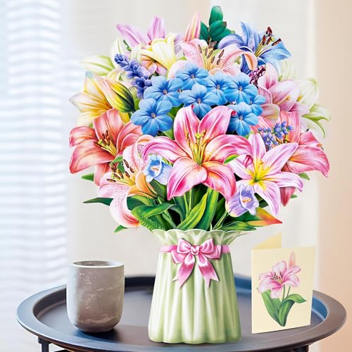 Airpark 3D Pop Up Flower Greeting Cards, Lilies and Lupines Paper Flower Bouquet Pop Up Birthday Card, Mother's Day, Get Well, Thank You Gift Cards for Women Mom Friends, Blank Notecard & Envelope - Thumbnail 2