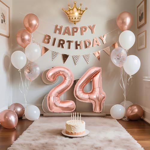 24歳 誕生日 飾り付け バルーンセット ハッピーバースデー happy birthday ガーランド & 大きな数字バルーン、紙吹雪風船、王冠付き ローズゴールドの豪華パーティー装飾 大人女子向け