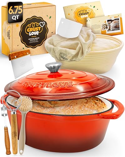 Comparison: Best Oven For Bread Baking 4 CRUSTLOVE Dutch Oven for Bread Baking - incl. Sourdough Bread-Baking Supplies like Banneton Bread-Proofing Basket - 6.75QT Enameled Oval Cast Iron Bread-Oven with Lid, Bread-Pan Sour Dough Starter Kit