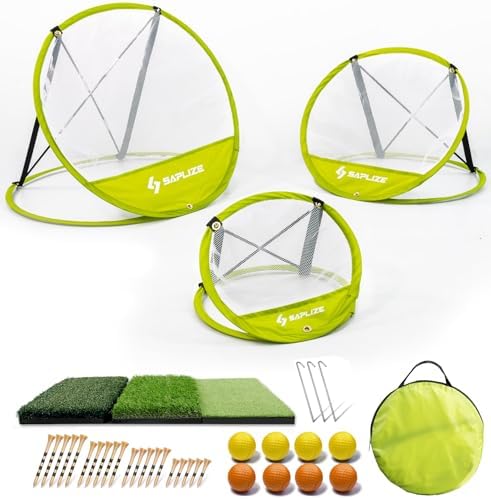 SAPLIZE Golf Chipping Net, Exclusive X-Shaped Stable Pop-up Design, Comes with Mat, Balls and Tees, Indoor/Outdoor Golfing Target Accessories for Backyard Accuracy and Swing Practice SAPLIZE Golf Chipping Net, Exclusive X-Shaped Stable Pop-up Design, Comes with Mat, Balls and Tees, Indoor/Outdoor Golfing Target Accessories for Backyard Accuracy and Swing Practice