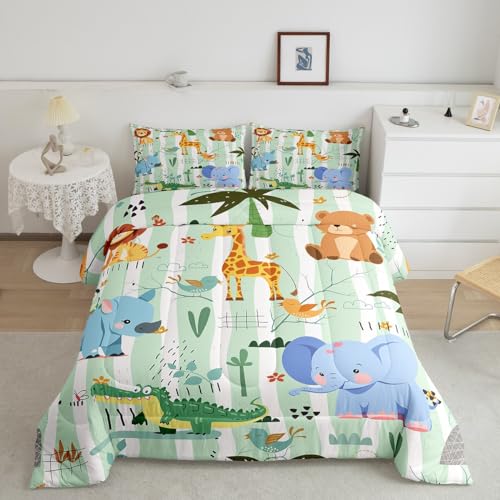Image of Feelyou Kids Baby Jungle Animals Comforter Set Twin Size Cute Cartoon Elephant Lion Giraffe Print Child Toddler Bedding Set Nursery Kids Safari Room Decor Exotic Natural Theme Duvet Set