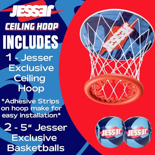 Official Jesser Mini Ceiling Basketball Hoop with (2) 3.75" Exclusive Balls | Fun Indoor Game for All Ages 6+, Gift for Kids, Children, Teens & Families, Bedroom & Playroom | Toy for Boys & Girls