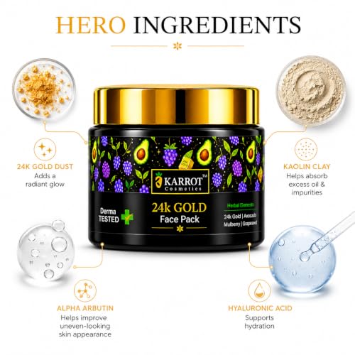 Image of KARROT 24K Gold Face Pack for Glowing Skin 100g with Avocado Mulberry Grapeseed for Instant Glow and Tan Removal, Kaolin Clay Hyaluronic Acid Alpha Arbutin, All Skin Types