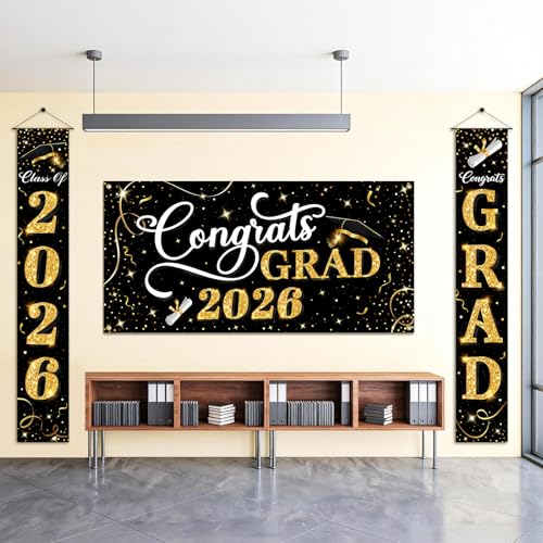Class of 2026 Graduation Decorations, 3 Pcs Black Gold Congrats Grad Banner and Backdrop Set with 1 Photo Backdrop and 2 Hanging Banners for Indoor Outdoor Party Decor by CoquetteBow012 - Used condition - Image 7