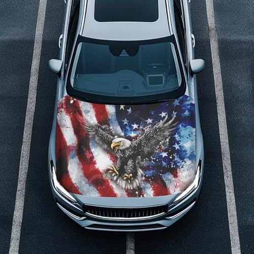 Image of American Flag Eagle Print Car Hood Cover Weather-Resistant Automotive Hood Covers Elastic Fabrics Car Bonnet Banner Outdoor Indoor Foldable Protective Cover, 4th of July