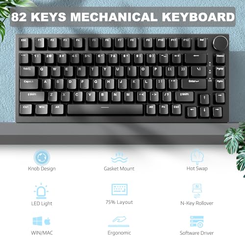 Image of ATTACK SHARK Ajazz AK820 Mechanical Keyboard with CNC Knob Control,75% Gasket Mount Keyboard and Detachable USB Wired Gaming Keyboard for Win /Mac,White Light,NKRO,Blue Clicky Switch(Black)