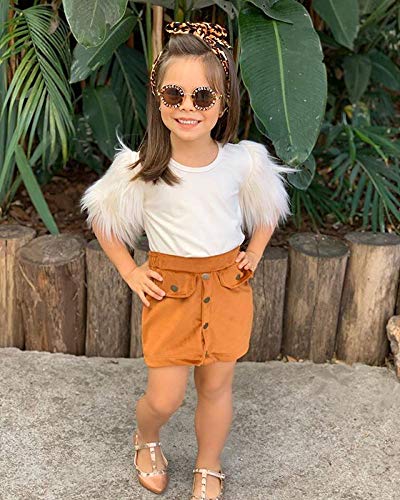 2Pcs Toddler Baby Girl Fall Winter Clothes Feather Sleeve T-Shirt Tops Corduroy A-Line Mini Skirt Outfits Set (Feather-White, 6-7Years) #TOP3