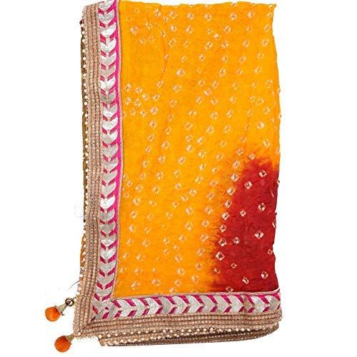 Jaipuri Rajasthani Women Silk Bandhani Bandhej Multi-Colored Heavy Dupatta with Gota Work and latkan Yellow & Red2
