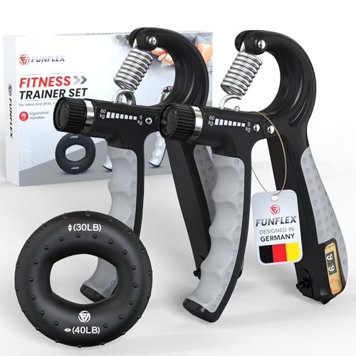 FUNFLEX Trener siły uchwytu – Zestaw 2-częściowy z licznikiem – Opór 5–60 kg – Z pierścieniem oporowym – Do dłoni, palców i przedramion