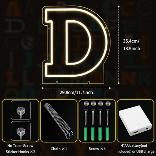 Image of Light Up Letters D, Led Marquee Letter Lights Neon Sign, 13.9 inch Height Decorative Lighted Alphabet Number, Battery /USB Powered Led Letters Lights for Wedding, Birthday, Party, Christmas or Home Decor