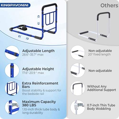 Image of KingPavonini Bed Rails for Elderly Adults Safety, 380 LBS, Model BM03-1 | ASTM Approved, 2026 Upgraded Adjustable Bed Cane, Non-Slip Ergonomic Handle & Storage Bag, Tool-Free Bed Railings for Seniors