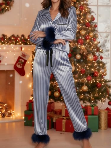 Image of Women Silk Pajamas Set Satin Long Sleeve Feather Trim 2PCS Loungwear | Christmas Button Down Shirts Long Pants 2PCS Xmas Christmas Sleepwear
