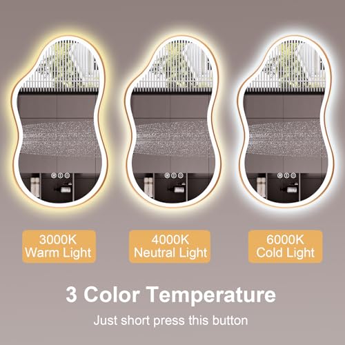 Image of WTTY LED Irregular Bathroom Mirror 26x46 Inch with Front & Back Lights - Asymmetrical Design, Anti-Fog, Dimmable 3 Color Temperatures, Shatterproof Glass, Horizontal or Vertical Mount (Gold Frame)