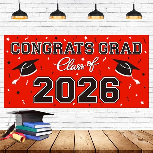 Image of 2026 Graduation Party Plastic Backdrop - 65 inch x 32.7 inch Congrats Grad Banner in Red, Large Class of 2026 Decorations, Photography & Grad Party Supplies