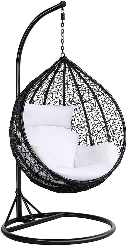Image of Single Seater Swing Chair with Stand & Cushion Outdoor Indoor Balcony Garden Patio, Powder Coated Frame, UV-Protected Wicker, Premium Cushion, Swing Chair (Black-White)