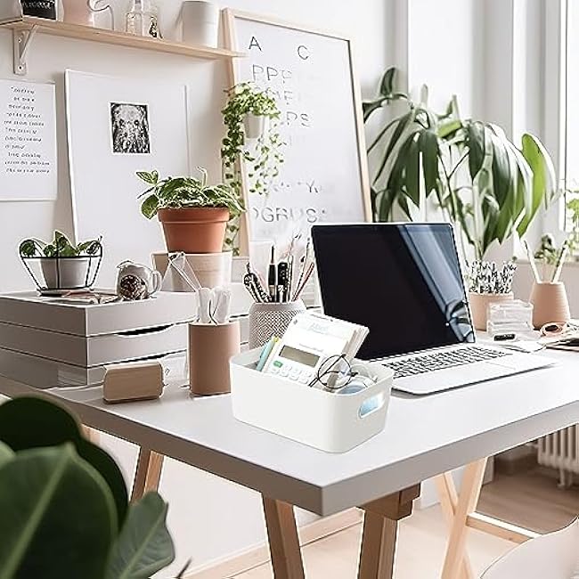 Geetery 12 Pieces Plastic Storage Bins Basket with Handles Toy Organizers and Storage Bins for Home Cupboard Kitchen Bathroom Office Pantry Organization(9.6 X 6.3 X 3.9 Inch,White)
