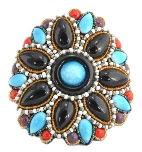 Bracelet élastique grande fleur noir en porcelaine et billes de verre pour femme