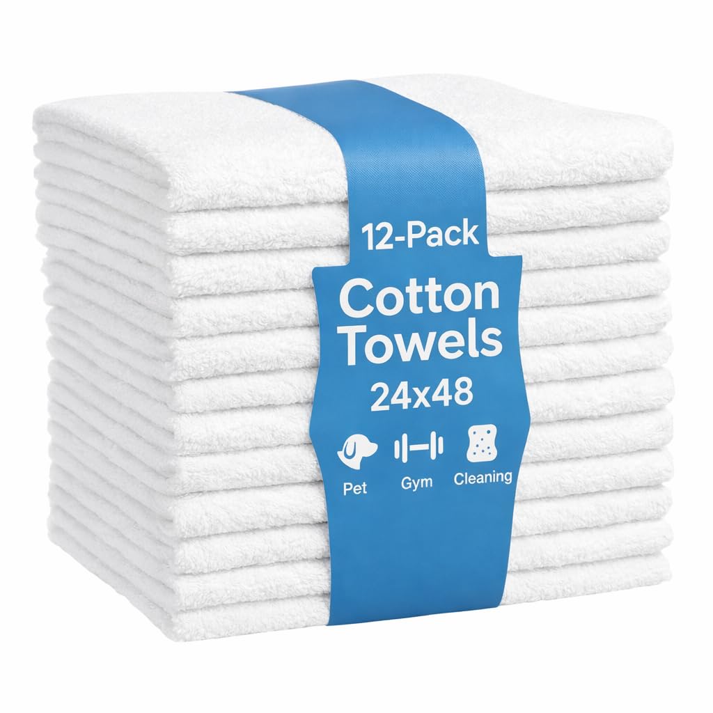 JMR - Paquete de 12 toallas de baño de algodón de 24 x 48 pulgadas, toallas multiusos para uso comercial y doméstico, suaves, ligeras, súper absorbentes y de secado rápido para piscina, gimnasio o spa