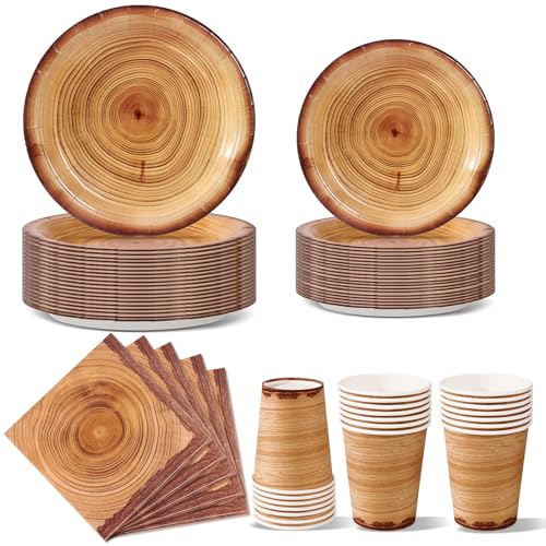 Nkaiso Anniversaire Vaisselle de fete 96 Pièces Grain de bois Party Assiettes en Papier Set Assiettes de Fête Jetables Papier Tasses Serviettesr, pour...