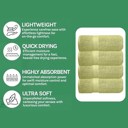 Image of Sulfar 100% Combed Cotton, Quick Drying Highly Absorbent Thick Bathroom Towels, Luxury Bath Towel Set (Pack of 4, 70 X 140 cm) - 600 GSM (Misty Green)