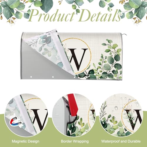 Image of Tiamon Monogrammed W Mailbox Covers Magnetic Eucalyptus Welcome Letter Box Wrap Standard Size 21x18 Inch Spring Summer Leaves Mailbox Decor Eucalyptus Letter Numbers Decoration for Outdoor Garden Yard
