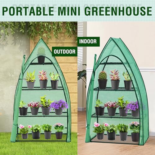 Image of EAGLE PEAK 4-Tier Mini Greenhouse Portable Green House with Shelves & Weather-Resistant PE Cover, Small Greenhouse for Seedlings & Gardening Gifts, 35x18x63 in, Clear /Green