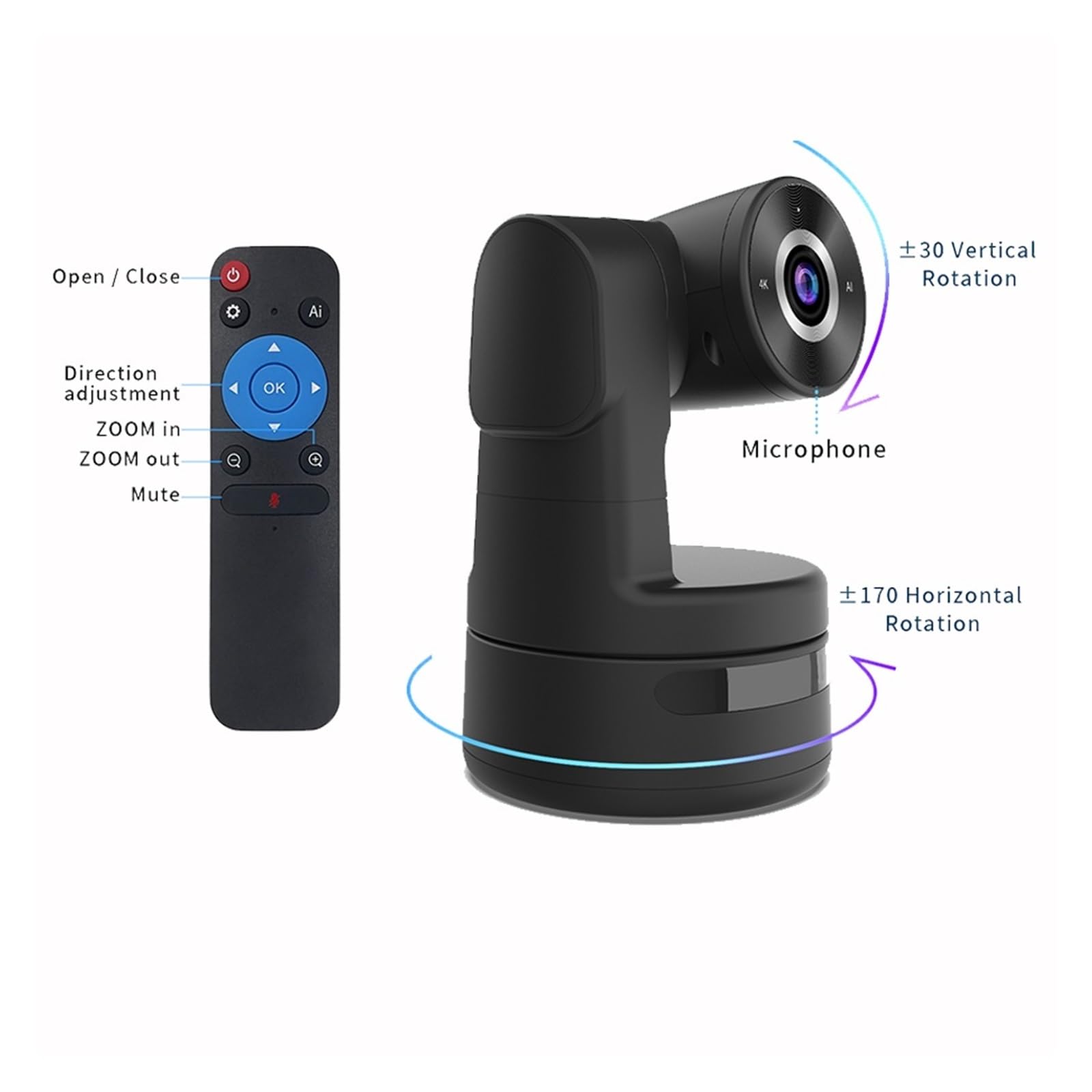 Webcam, Messa a fuoco automatica 4K Webcam PTZ alimentata da AI Controllo remoto Videocamera Live Stream Zoom 3X Tracciamento automatico Videocamera for riunioni online