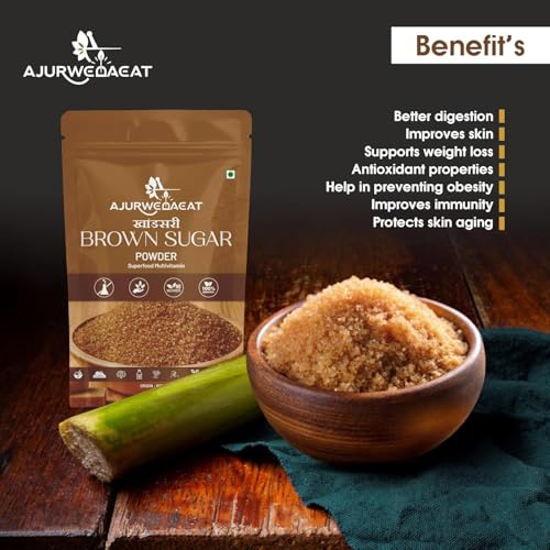 Image of AJURWEDAEAT Brown Sugar Organic Natural Sweetener Powder Unrefined Healthy Alternative No Preservatives Fine Granules for Tea Coffee Baking Made in India (850 GM - Pack Of 2)