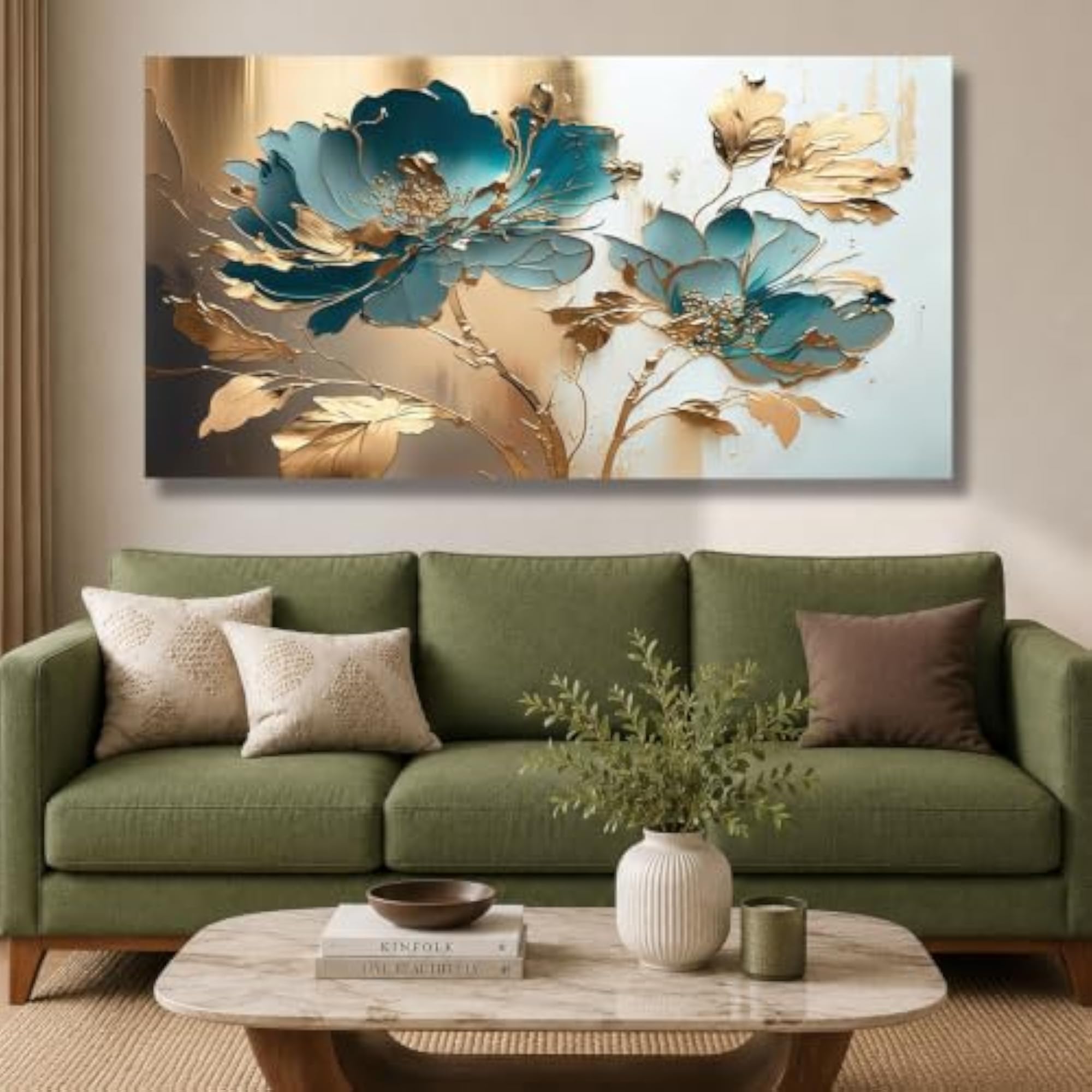 3D-Textured Teal Blue and Gold Floral Canvas Wall Art