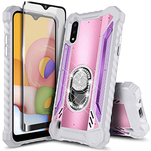 E-Began Case for Samsung Galaxy A01 with Tempered Glass Screen Protector (Full Coverage), Magnetic Metal Built-in Diamond Ring Holder Stand, Full-Body Protective Shockproof Military Case -Pink/Purple