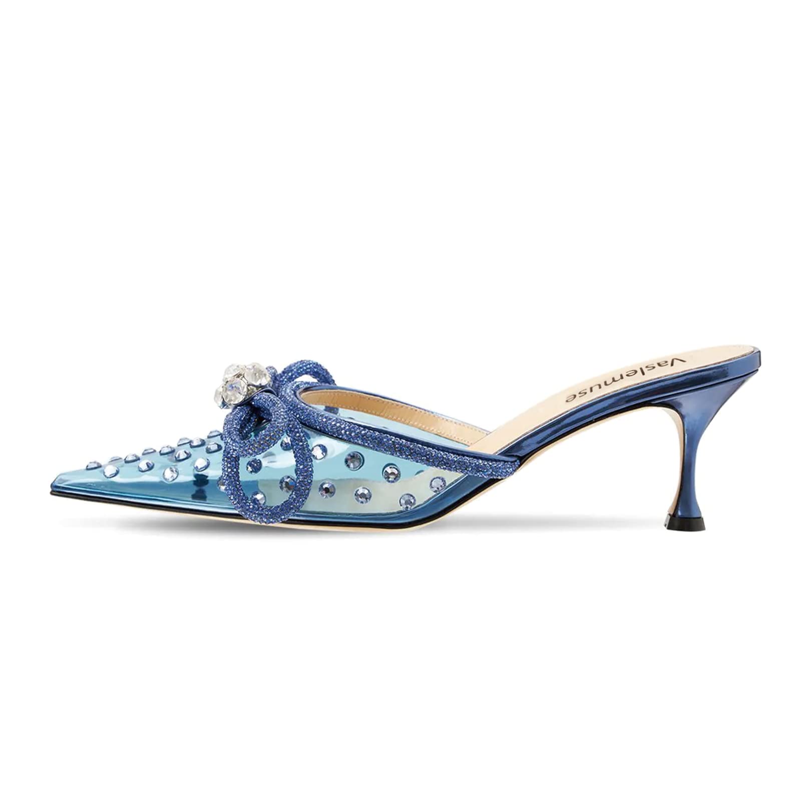 Photo 1 of Vaslemuse Women's Heeled Mules Double Crystal Rhinestone Bow Pointy Toe Clear Pumps Stiletto Slip on Sandals Wedding Dress Mules Blue-6.5cm Size 7